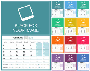 Italian Calendar 2018 / Italian planning calendar 2018, set of 12 months January - December, week starts on Monday, colorful calendar template, vector illustration