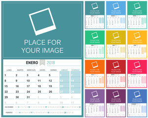 Spanish Calendar 2018 / Spanish planning calendar 2018, set of 12 months January - December, week starts on Monday, colorful calendar template, vector illustration