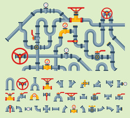 Details pipes different types collection of water tube industry gas valve construction and oil industrial pressure technology plumbing vector illustration.