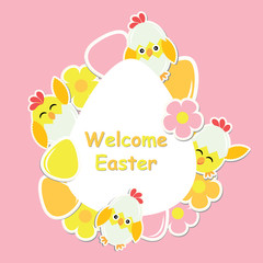 Easter card with cute chick, flowers and colorful egg on egg frame for Easter postcard, wallpaper, and greeting card