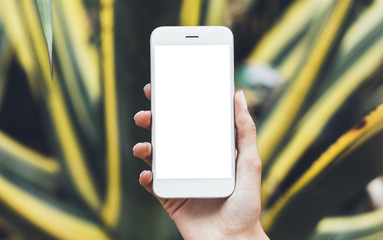 Hipster photograph on digital smart phone or technology, mock up of blank screen. Girl using mobile on yellow and green flowers background close. Hands holding gadget on blurred backdrop, front view