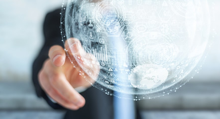 Businessman touching hologram sphere 3D rendering