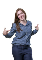 Pretty business woman pointing herself over white background