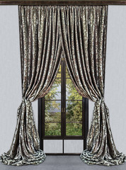 A high window and a door with access to the autumn garden are decorated with straight long curtains...