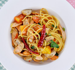 spaghetti dry chilli sausage.