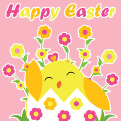Vector cartoon of cute chick in egg and flowers on pink background for Easter card, wallpaper, and greeting card