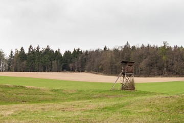 Hunting Tower on a field near the forest. Hunting deer. Overcast day.