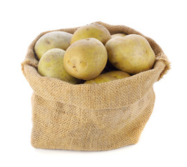 potatoes in sack isolated on white background.