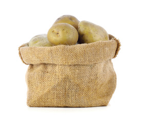 potatoes in sack isolated on white background.