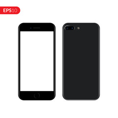 Smartphone, mobile, phone mockup isolated on white background with blank screen. Back and front view realistic vector illustration phone with dark grey color.