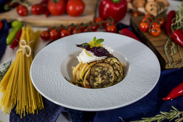 Homemade pasta with eggplants in plate
