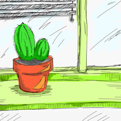 Cactus on the windowsill with blinds, vector