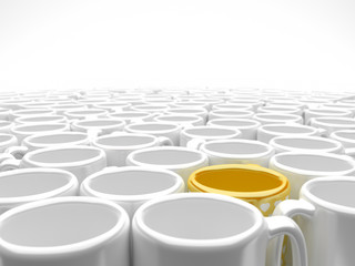 an array of shiny white mugs and one golden mug with white hearts blending into a white background