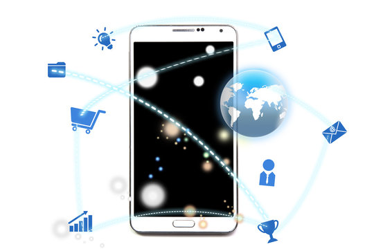 Online money trasfer concept. Two modern smartphones with credit cards on the screen and NFC radio wave outside. Near field communication technology. 