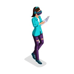 Trendy Isometric people and gadgets, a teenager, a young girl, student, uses hi tech technology, phone, pad, play, virtual reality, virtual glasses isolated