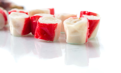 Frozen surimi seafood on white background