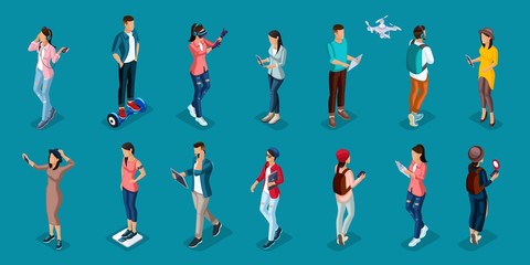 Trendy Isometric people and gadgets, teenagers, young people, students, using hi tech technology, mobile phones, pad, laptops, make selfie, smart watches, virtual games, navigators on bright