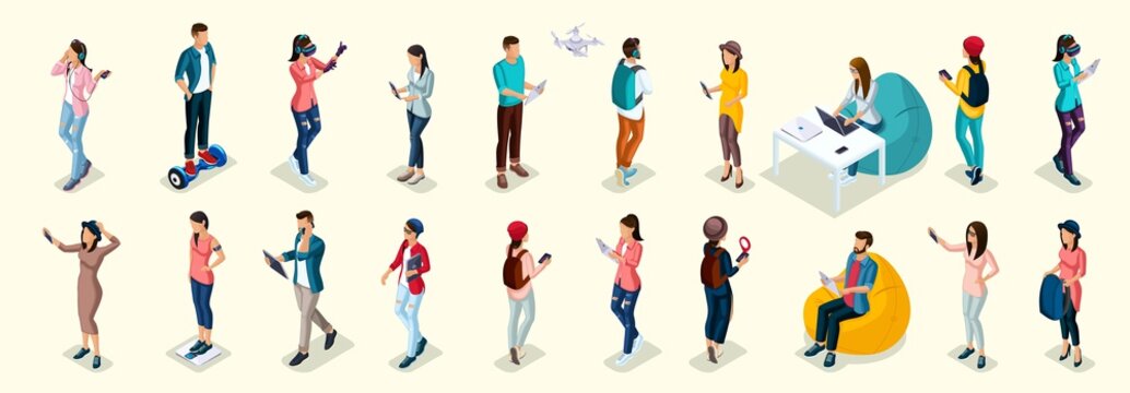 Set of 20 Trendy isometric people and gadgets, teenagers, young people, students, using hi tech technology, mobile phones, pad, laptops, make selfie, smart watches, virtual games, navigators