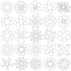 Set of black and white flowers for coloring book, vector