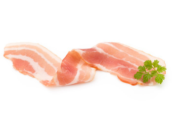 Bacon isolated on white background. Delikatese food.