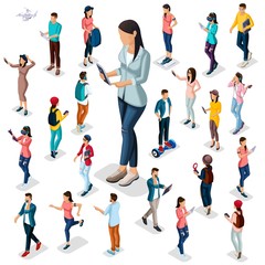 Trendy Isometric people and gadgets, 3D teenagers, students, large group of people, using hi tech technology, the girl with the protagonist phones isolated