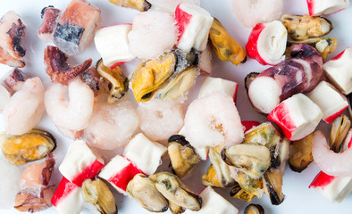 Frozen seafood mix of shrimps surimi mussels and octopus