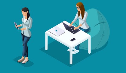 Trendy Isometric people and gadgets, teenagers, young girls, stylish, student, freelancer, work, uses hi tech technology, pad, laptop, mobile phone isolated