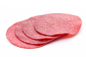 Salami smoked sausage one slice isolated on white background cutout.