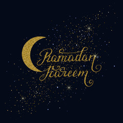  Hand drawn Ramadan Kareem lettering with gold glitter texture.