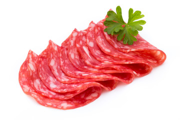 Salami smoked sausage slices isolated on white background cutout.