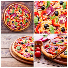 Pizza with ham, pepper and olives on wood table top view. Set