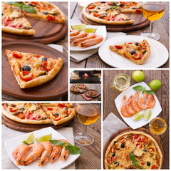 Pizza with ham, pepper and olives. Pizza with seafood on wood table top view horizontal. Set