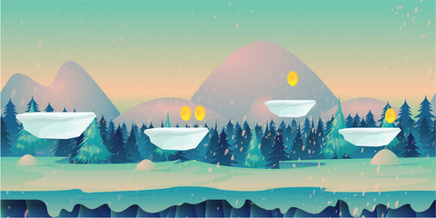Seamless cartoon nature winter landscape with different platforms and separated layers for games