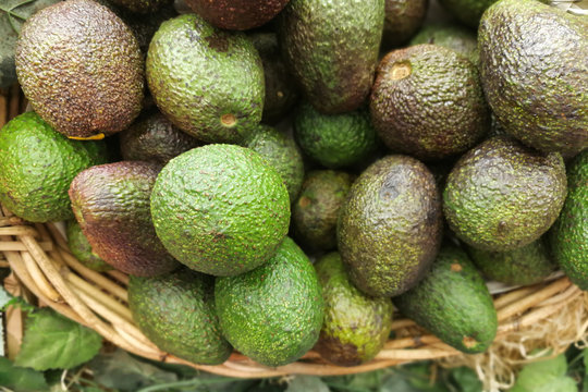 Whole fresh avocado on basket in supermarket