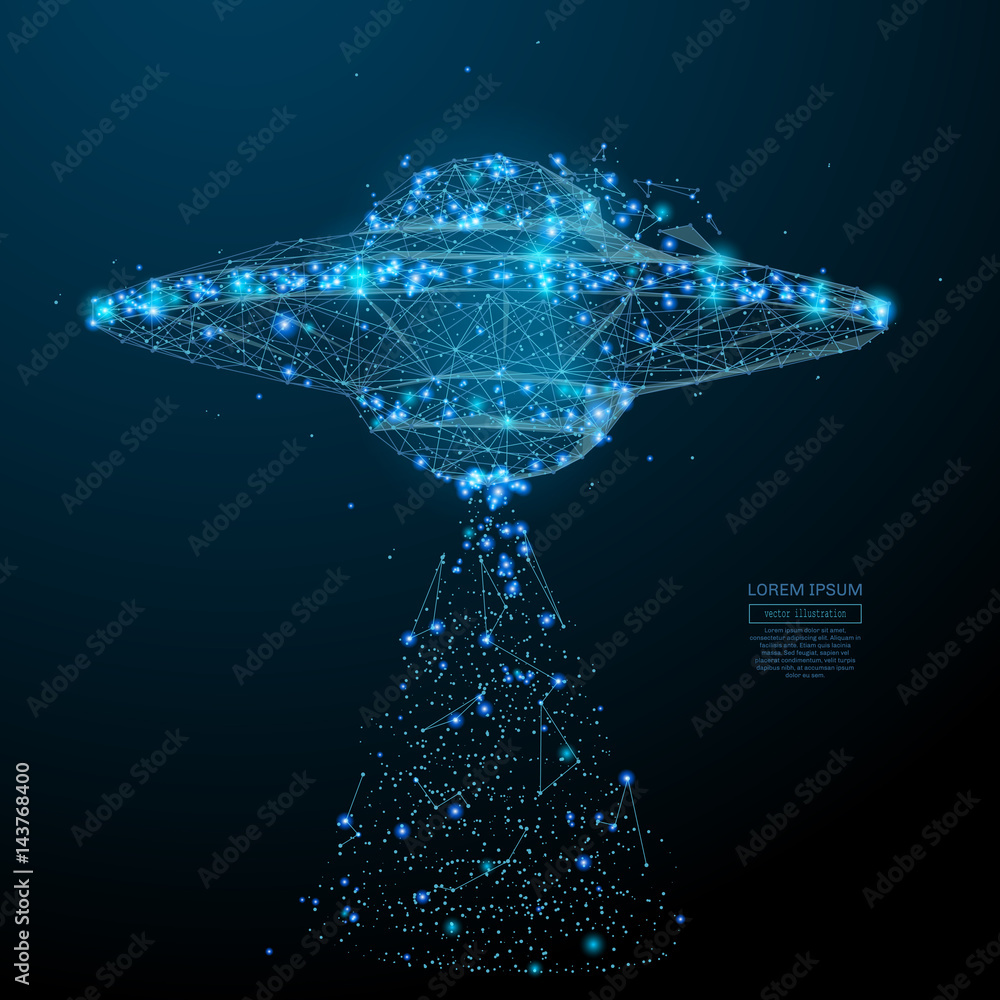Poster Abstract image of a ufo spaceship in the form of a starry sky or space, consisting of points, lines, and shapes in the form of planets, stars and the universe. Vector wireframe concept.