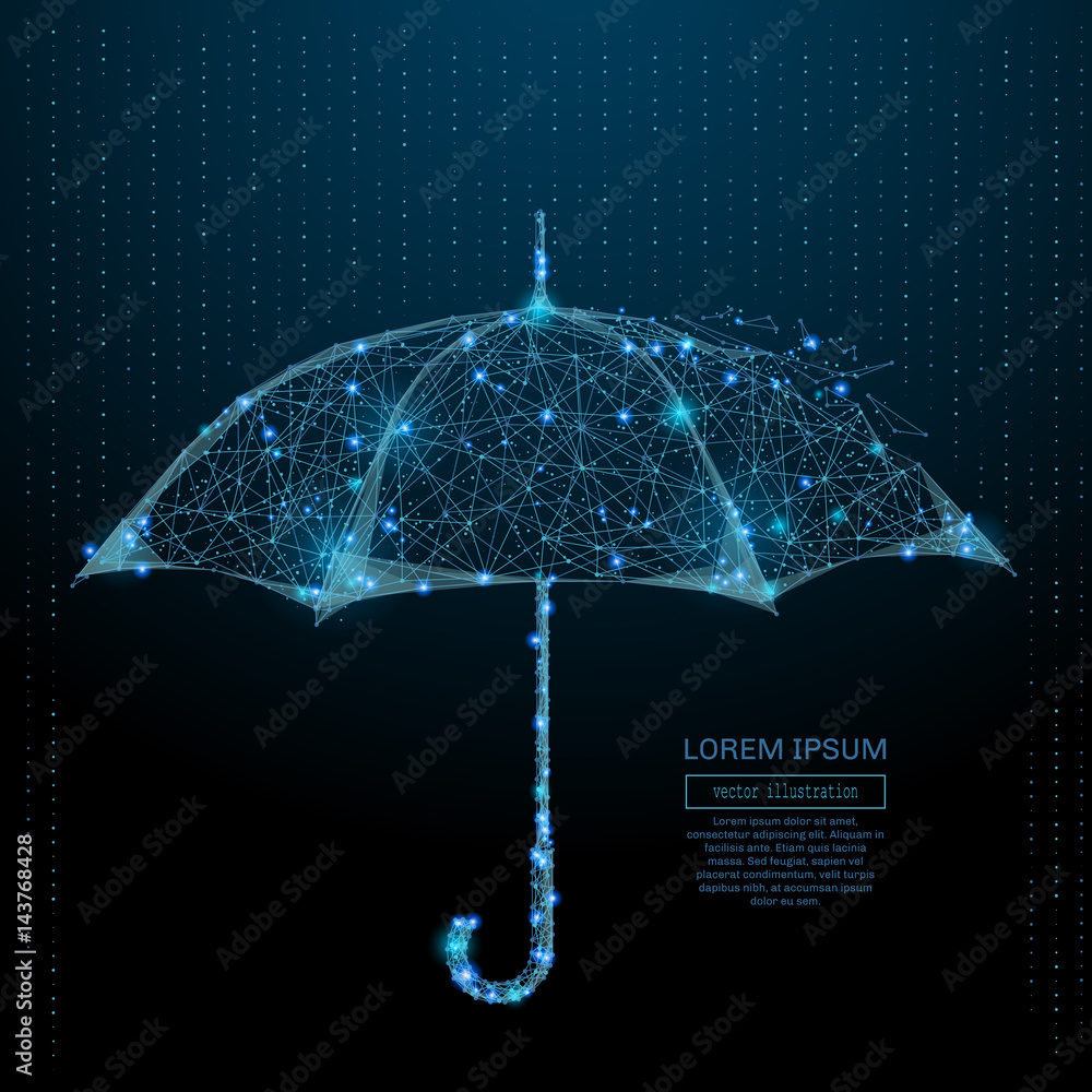 Poster Abstract image of a umbrella in the form of a starry sky or space, consisting of points, lines, and shapes in the form of planets, stars and the universe. Vector wireframe concept.