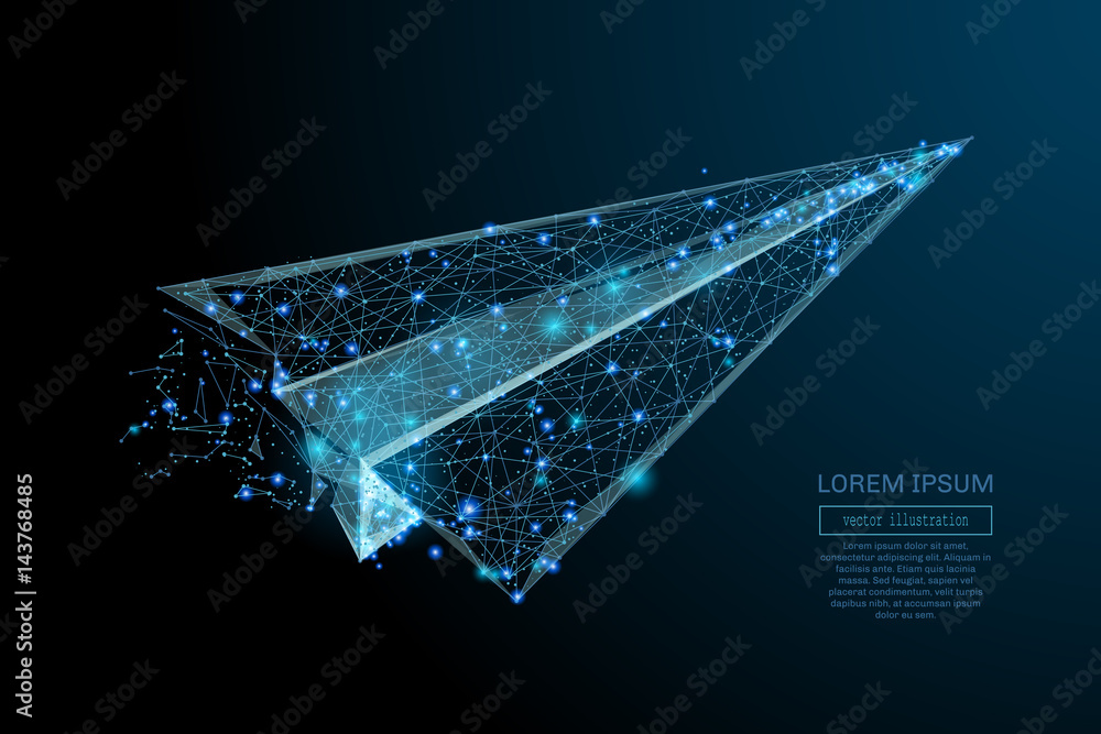 Poster Abstract image of a aircraft origami in the form of a starry sky or space, consisting of points, lines, and shapes in the form of planets, stars and the universe. Vector wireframe concept.