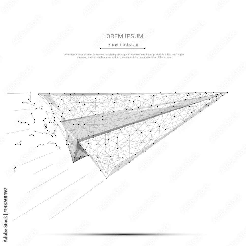 Poster abstract mash line and point aircraft origami on white background with an inscription. starry sky or