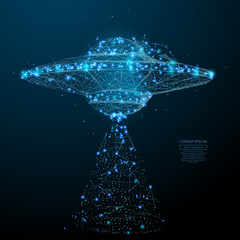 Abstract image of a ufo spaceship in the form of a starry sky or space, consisting of points, lines, and shapes in the form of planets, stars and the universe. Vector wireframe concept. © AntonKhrupinArt