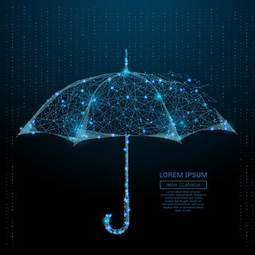 Abstract image of a umbrella in the form of a starry sky or space, consisting of points, lines, and shapes in the form of planets, stars and the universe. Vector wireframe concept.