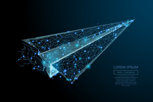Abstract image of a aircraft origami in the form of a starry sky or space, consisting of points, lines, and shapes in the form of planets, stars and the universe. Vector wireframe concept.
