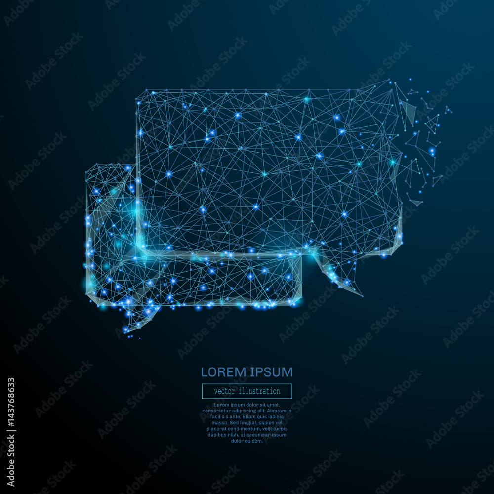 Aufkleber Abstract image of a Cloud of dialogue in the form of a starry sky or space, consisting of points, and shapes in the form of planets, stars and universe. Vector wireframe concept.