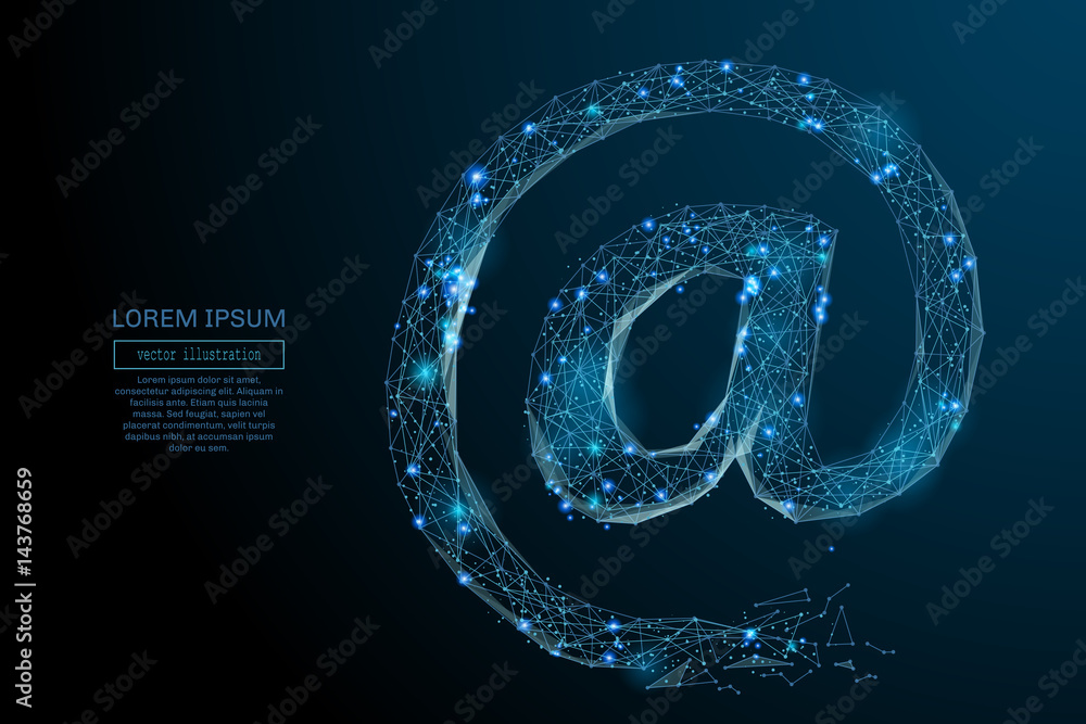 Poster Abstract image of e-mail symbol in the form of a starry sky or space, consisting of points, lines, and shapes in the form of planets, stars and the universe. Vector business