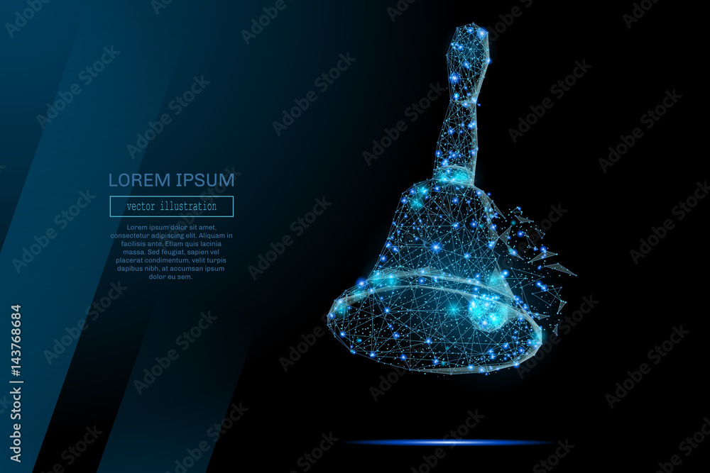 Poster Abstract image of a Handbell in the form of a starry sky or space, consisting of points, lines, and shapes in the form of planets, stars and the universe. Vector wireframe concept.