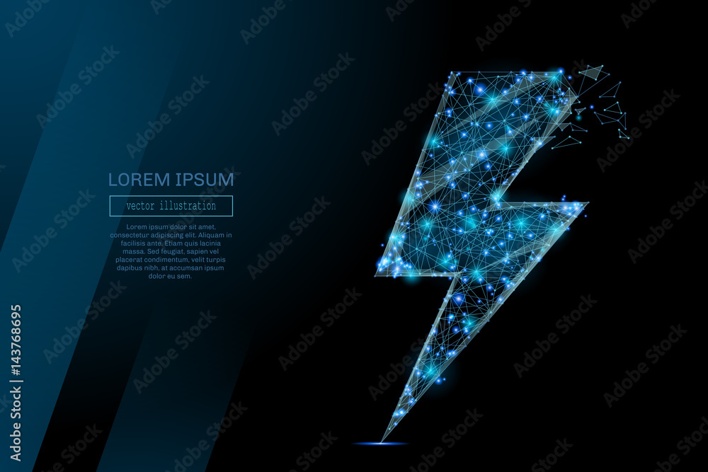 Poster Abstract image of a Energy sign or lightning in the form of a starry sky or space, consisting of points, lines, and shapes in the form of planets, stars and the universe. Vector wireframe concept.