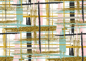 Vector seamless pattern with gold glitter textured brush strokes and stripes