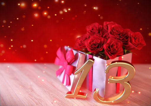 birthday concept with red roses in gift on wooden desk. thirteenth. 13th. 3D render