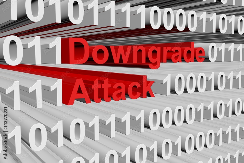 Poster downgrade attack in the form of binary code, 3d illustration