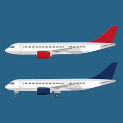 Vector modern travel on transport passenger jet airliner plane. Side view. Isolated. Vector flat illustration