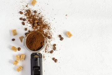 Background with cereal and ground coffee, Top view with copy space